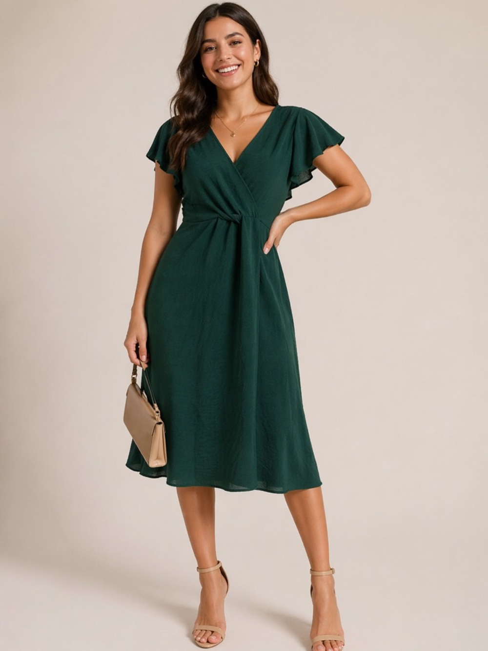 SHEIN Emerald Green Faux-Wrap Midi Dress